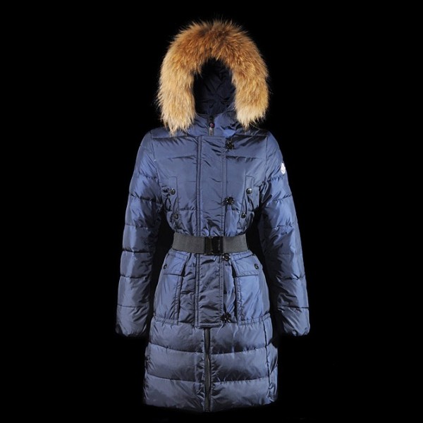 Moncler lungo blu Pelliccia Cap e cinturino Cappotti